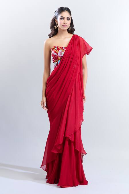 Kalista Red Chiffon Embroidery Sweetheart Neck Zahra Pre-draped Saree With Blouse Online at Aza Fashions Kalista_Red Chiffon Embroidery Sweetheart Neck Zahra Pre-draped Saree With Blouse_Online_at_Aza_Fashions