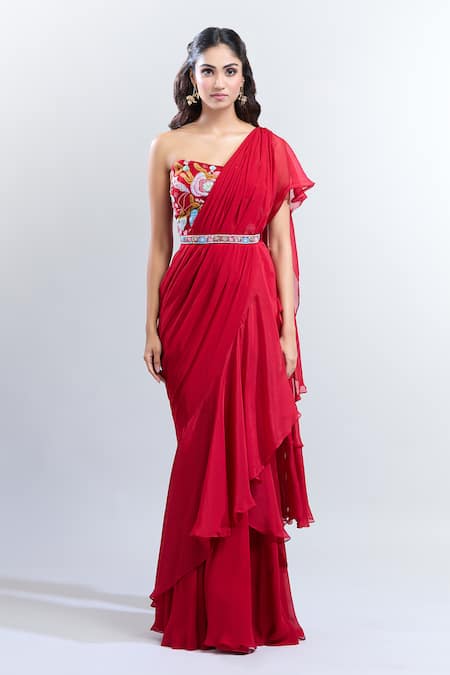 Buy Kalista Red Chiffon Embroidery Sweetheart Neck Zahra Pre-draped Saree With Blouse Online at Aza Fashions Buy_Kalista_Red Chiffon Embroidery Sweetheart Neck Zahra Pre-draped Saree With Blouse_Online_at_Aza_Fashions