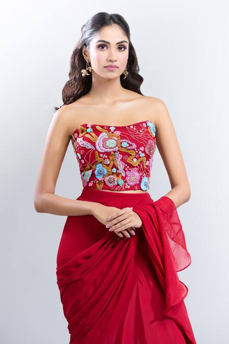 Buy Kalista Red Chiffon Embroidery Sweetheart Neck Zahra Pre-draped Saree With Blouse Buy_Kalista_Red Chiffon Embroidery Sweetheart Neck Zahra Pre-draped Saree With Blouse