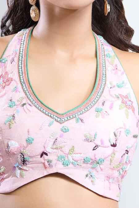 Kalista_Pink Silk, Chiffon Embroidery V-neck Azalea Botanic Pattern Lehenga Set _Online_at_Aza_Fashions