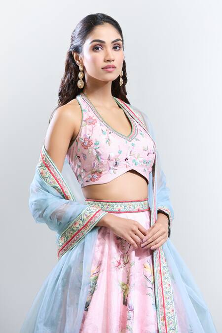 Buy_Kalista_Pink Silk, Chiffon Embroidery V-neck Azalea Botanic Pattern Lehenga Set _Online_at_Aza_Fashions