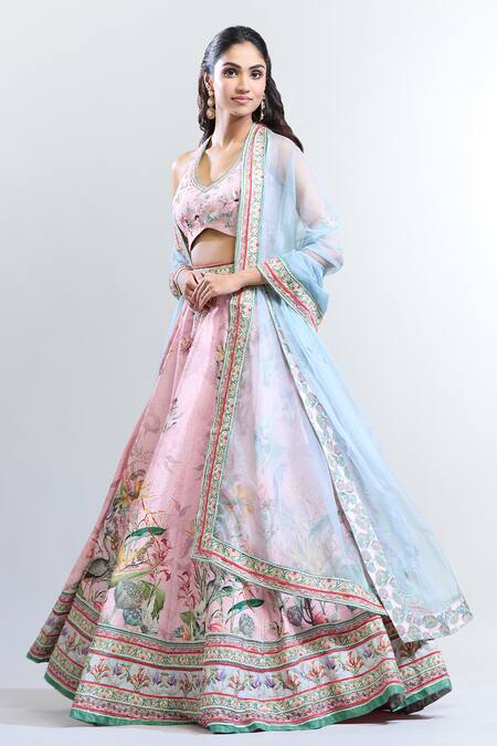 Shop_Kalista_Pink Silk, Chiffon Embroidery V-neck Azalea Botanic Pattern Lehenga Set _Online_at_Aza_Fashions