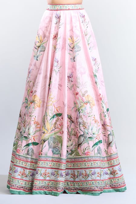 Kalista_Pink Silk, Chiffon Embroidery V-neck Azalea Botanic Pattern Lehenga Set _at_Aza_Fashions