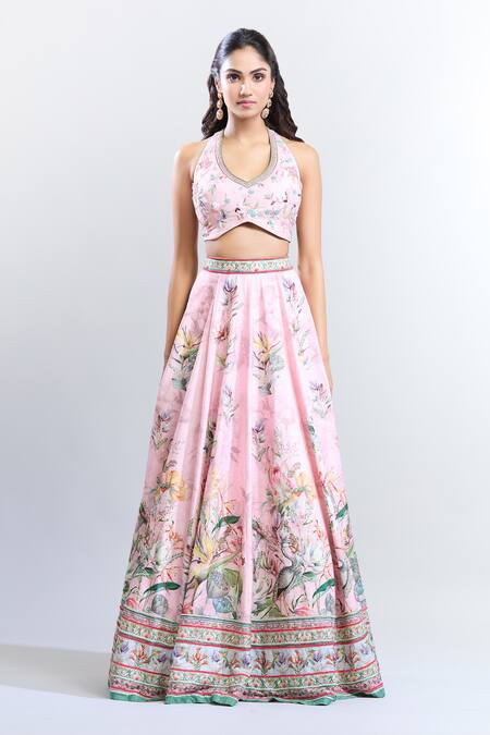 Buy_Kalista_Pink Silk, Chiffon Embroidery V-neck Azalea Botanic Pattern Lehenga Set 