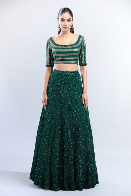 Nakul Sen_Emerald Green Sequins Scoop Neck Embellished Lehenga Set_Online_at_Aza_Fashions
