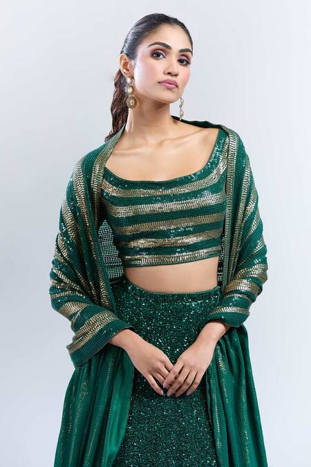 Buy_Nakul Sen_Emerald Green Sequins Scoop Neck Embellished Lehenga Set_Online_at_Aza_Fashions