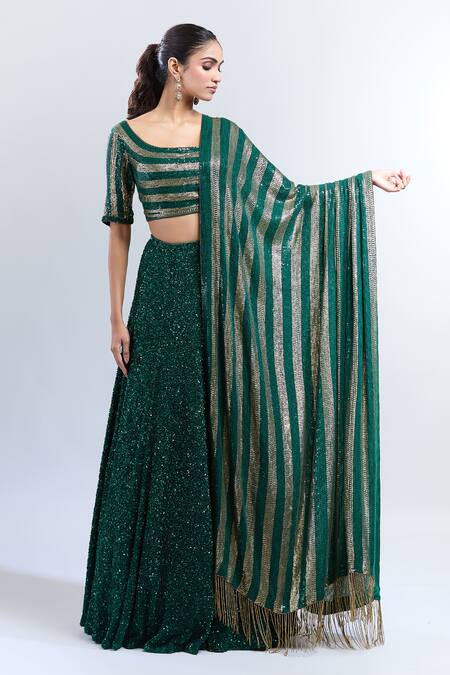 Nakul Sen_Emerald Green Sequins Scoop Neck Embellished Lehenga Set_at_Aza_Fashions