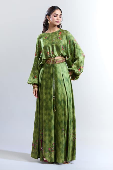 PUNIT BALANA Green Satin Silk Printed Ranthambore Floral Boat Kumari Flared Pant Set 