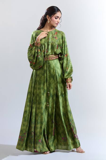 Punit Balana_Green Satin, Silk Embroidery Boat Neck Kumari Ranthambore Print Flared Pant Set _Online_at_Aza_Fashions