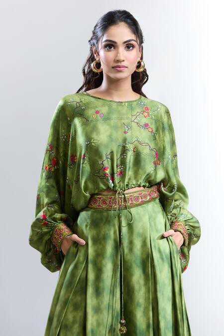 Buy_Punit Balana_Green Satin, Silk Embroidery Boat Neck Kumari Ranthambore Print Flared Pant Set _Online_at_Aza_Fashions