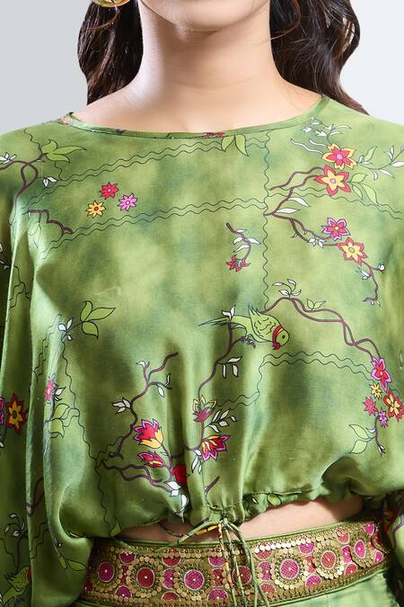 Shop_Punit Balana_Green Satin, Silk Embroidery Boat Neck Kumari Ranthambore Print Flared Pant Set _Online_at_Aza_Fashions