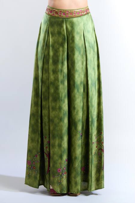 Punit Balana_Green Satin, Silk Embroidery Boat Neck Kumari Ranthambore Print Flared Pant Set _at_Aza_Fashions