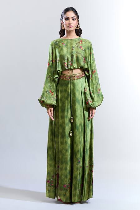 Buy_Punit Balana_Green Satin, Silk Embroidery Boat Neck Kumari Ranthambore Print Flared Pant Set 