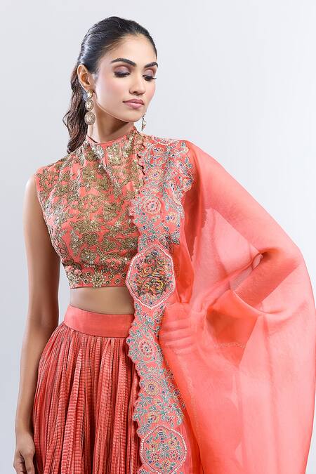 Debyani + CO Orange Chiffon Sequins High Neck Embroidered Top Crushed Skirt Set Online at Aza Fashions Debyani + CO_Orange Chiffon Sequins High Neck Embroidered Top Crushed Skirt Set _Online_at_Aza_Fashions