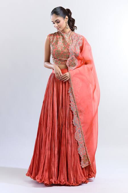 Buy Debyani + CO Orange Chiffon Sequins High Neck Embroidered Top Crushed Skirt Set Online at Aza Fashions Buy_Debyani + CO_Orange Chiffon Sequins High Neck Embroidered Top Crushed Skirt Set _Online_at_Aza_Fashions