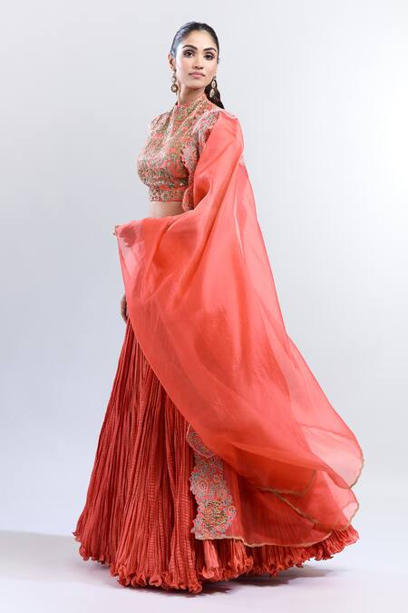 Shop Debyani + CO Orange Chiffon Sequins High Neck Embroidered Top Crushed Skirt Set Online at Aza Fashions Shop_Debyani + CO_Orange Chiffon Sequins High Neck Embroidered Top Crushed Skirt Set _Online_at_Aza_Fashions