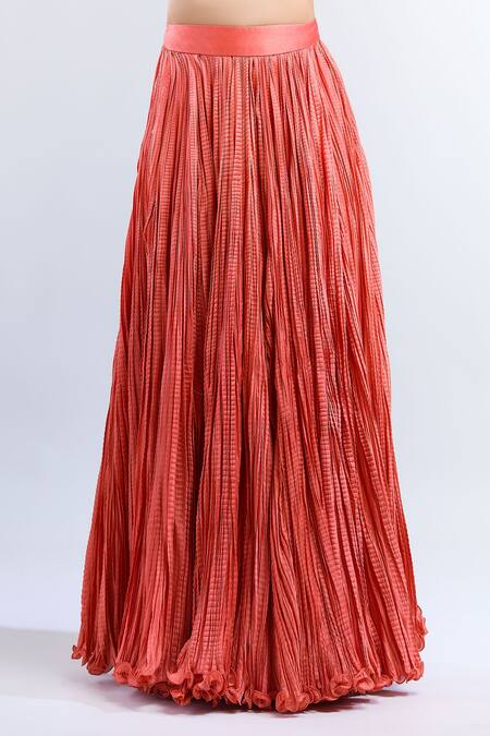 Debyani + CO Orange Chiffon Sequins High Neck Embroidered Top Crushed Skirt Set at Aza Fashions Debyani + CO_Orange Chiffon Sequins High Neck Embroidered Top Crushed Skirt Set _at_Aza_Fashions