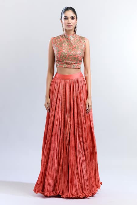 Buy Debyani + CO Orange Chiffon Sequins High Neck Embroidered Top Crushed Skirt Set Buy_Debyani + CO_Orange Chiffon Sequins High Neck Embroidered Top Crushed Skirt Set