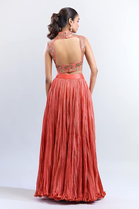 Shop Debyani + CO Orange Chiffon Sequins High Neck Embroidered Top Crushed Skirt Set at Aza Fashions Shop_Debyani + CO_Orange Chiffon Sequins High Neck Embroidered Top Crushed Skirt Set _at_Aza_Fashions