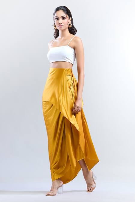 Shweta Kapoor_Yellow Solid Satin Draped Skirt_Online_at_Aza_Fashions