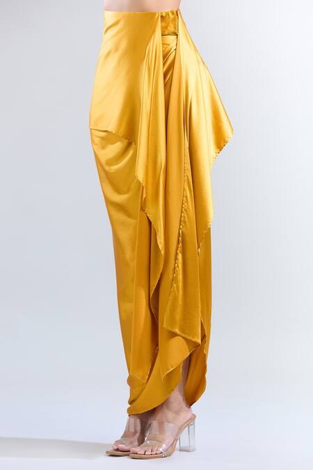 Shop_Shweta Kapoor_Yellow Solid Satin Draped Skirt_Online_at_Aza_Fashions
