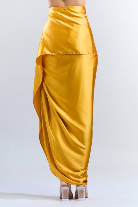 Buy_Shweta Kapoor_Yellow Solid Satin Draped Skirt