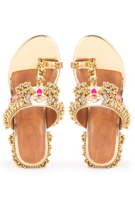 Shop_5elements_Gold Gota Patti Atalanta Bird Motif Ghungroo Kolhapuri Sandals _Online_at_Aza_Fashions
