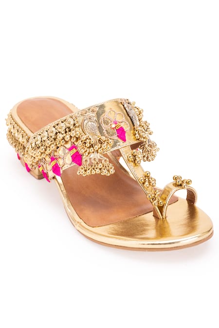 5elements_Gold Gota Patti Atalanta Bird Motif Ghungroo Kolhapuri Sandals _at_Aza_Fashions