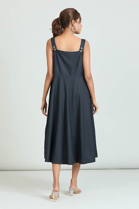 Shop Naintara Bajaj Blue Linen Square Neck Side Wooden Button Dress at Aza Fashions Shop_Naintara Bajaj_Blue Linen Square Neck Side Wooden Button Dress _at_Aza_Fashions