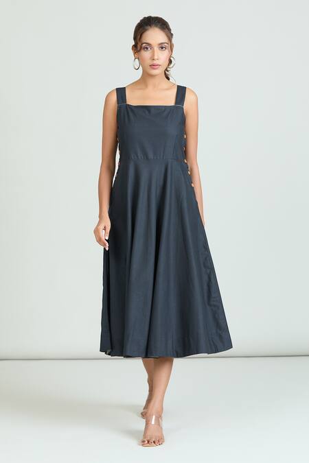 Naintara Bajaj Blue Linen Square Neck Side Wooden Button Dress Online at Aza Fashions Naintara Bajaj_Blue Linen Square Neck Side Wooden Button Dress _Online_at_Aza_Fashions