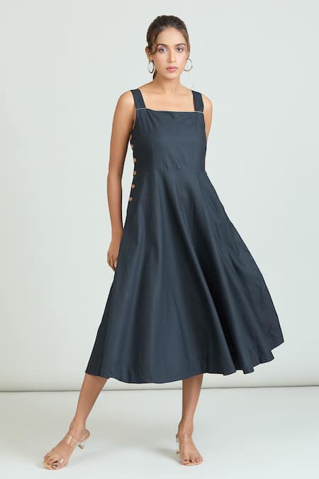 Buy Naintara Bajaj Blue Linen Square Neck Side Wooden Button Dress Online at Aza Fashions Buy_Naintara Bajaj_Blue Linen Square Neck Side Wooden Button Dress _Online_at_Aza_Fashions