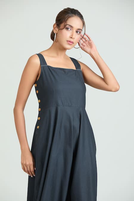 Shop Naintara Bajaj Blue Linen Square Neck Side Wooden Button Dress Online at Aza Fashions Shop_Naintara Bajaj_Blue Linen Square Neck Side Wooden Button Dress _Online_at_Aza_Fashions