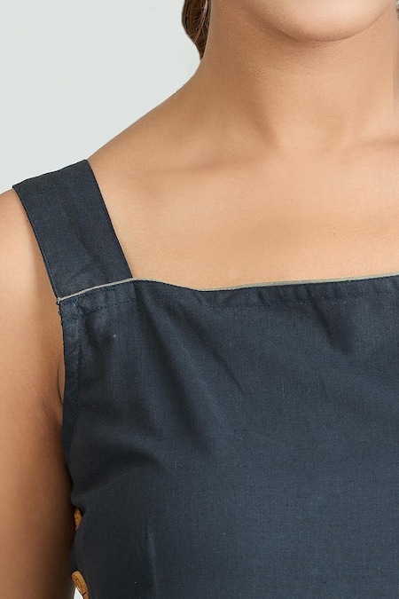 Naintara Bajaj Blue Linen Square Neck Side Wooden Button Dress at Aza Fashions Naintara Bajaj_Blue Linen Square Neck Side Wooden Button Dress _at_Aza_Fashions