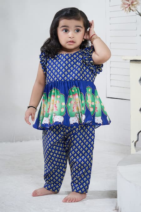 Vivedkids Blue Cotton Linen Printed Pichwai Peplum Kurta Pant Set 