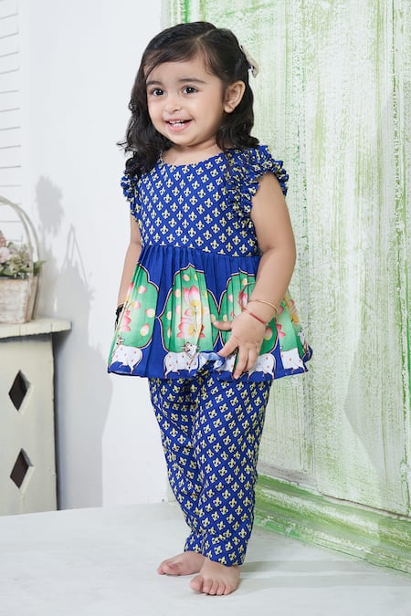 Shop Vivedkids Blue Cotton, Linen Embroidery Pichwai Print Peplum Kurta Pant Set at Aza Fashions Shop_Vivedkids_Blue Cotton, Linen Embroidery Pichwai Print Peplum Kurta Pant Set _at_Aza_Fashions