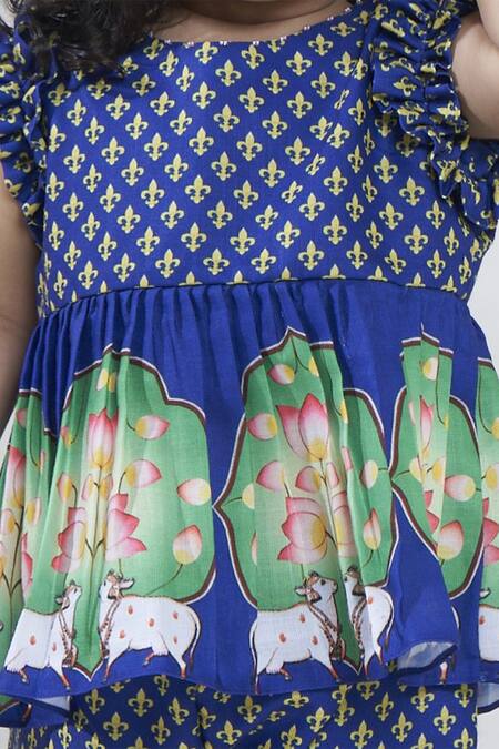 Vivedkids Blue Cotton, Linen Embroidery Pichwai Print Peplum Kurta Pant Set Online at Aza Fashions Vivedkids_Blue Cotton, Linen Embroidery Pichwai Print Peplum Kurta Pant Set _Online_at_Aza_Fashions