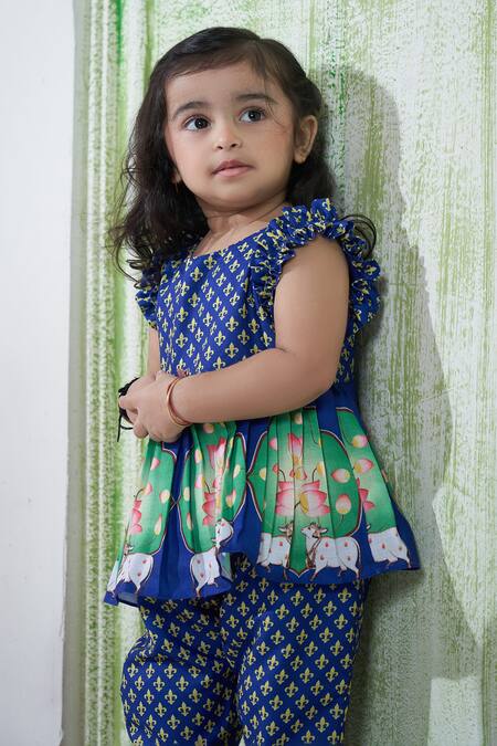 Buy Vivedkids Blue Cotton, Linen Embroidery Pichwai Print Peplum Kurta Pant Set Online at Aza Fashions Buy_Vivedkids_Blue Cotton, Linen Embroidery Pichwai Print Peplum Kurta Pant Set _Online_at_Aza_Fashions