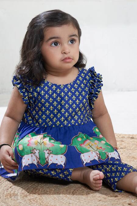 Shop Vivedkids Blue Cotton, Linen Embroidery Pichwai Print Peplum Kurta Pant Set Online at Aza Fashions Shop_Vivedkids_Blue Cotton, Linen Embroidery Pichwai Print Peplum Kurta Pant Set _Online_at_Aza_Fashions