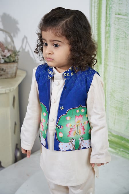 Shop_Vivedkids_Beige Cotton, Linen Pichwai Print Bundi Kurta Set _Online_at_Aza_Fashions