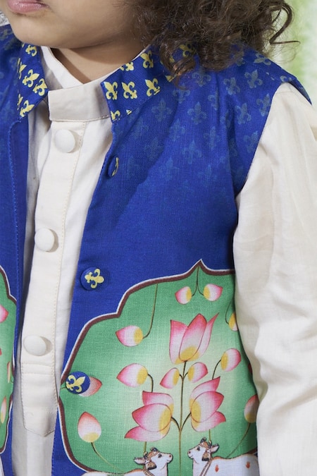 Vivedkids_Beige Cotton, Linen Pichwai Print Bundi Kurta Set _at_Aza_Fashions