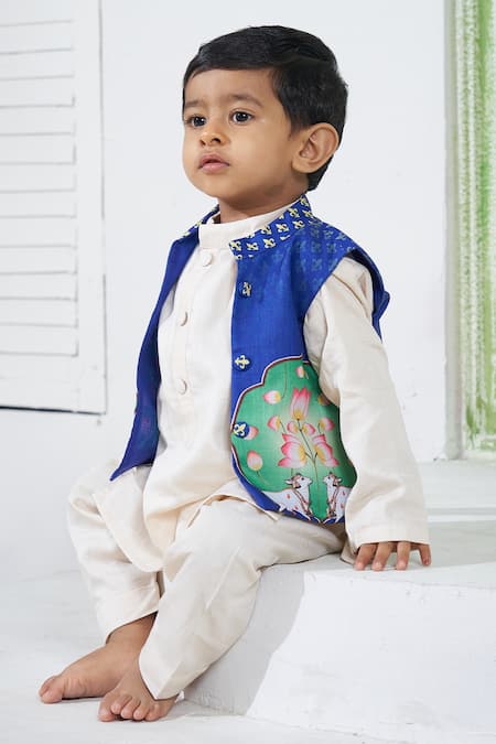 Buy_Vivedkids_Beige Cotton, Linen Pichwai Print Bundi Kurta Set 