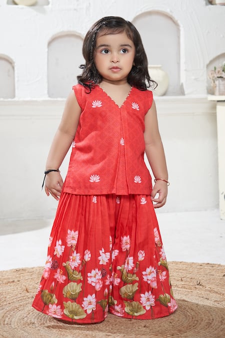 Vivedkids Red Cotton Linen Printed Pichwai Lotus Kurta With Sharara 