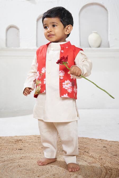 Vivedkids_Red Cotton, Linen Lotus Pichwai Print Bundi Kurta Set _Online_at_Aza_Fashions
