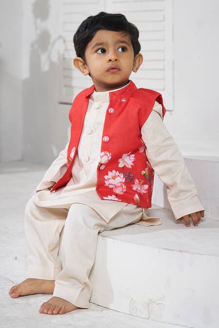 Buy_Vivedkids_Red Cotton, Linen Lotus Pichwai Print Bundi Kurta Set _Online_at_Aza_Fashions
