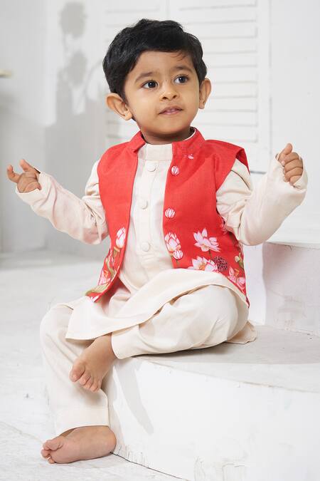 Shop_Vivedkids_Red Cotton, Linen Lotus Pichwai Print Bundi Kurta Set _Online_at_Aza_Fashions