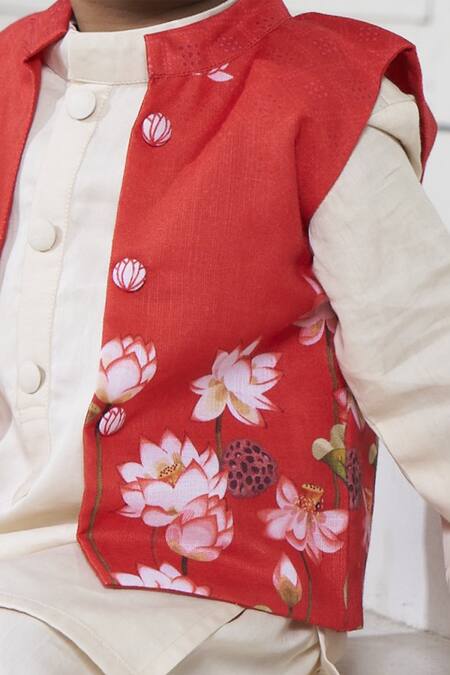 Buy_Vivedkids_Red Cotton, Linen Lotus Pichwai Print Bundi Kurta Set 