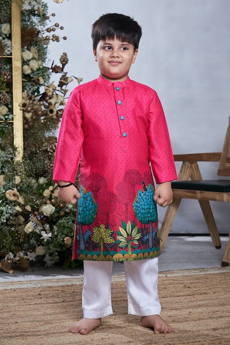 Vivedkids Red Cotton Printed Pichwai Nature Bundi Kurta Set 