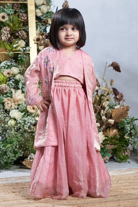 Vivedkids Pink Tissue Silk Embellished Thread Sequin Jacket Lehenga Set 