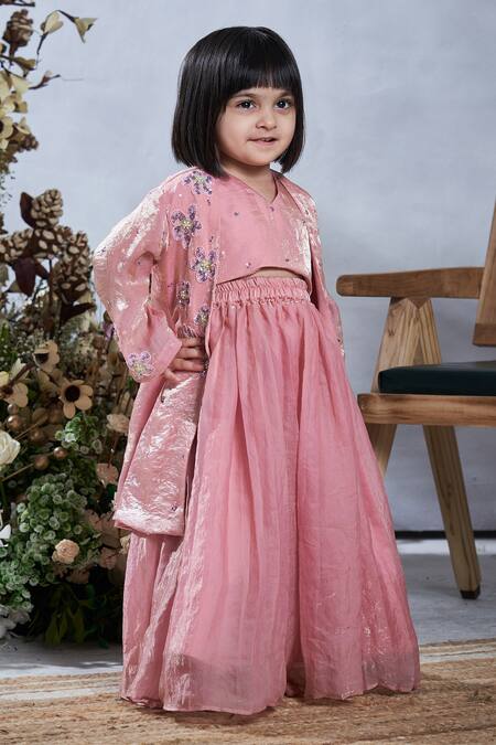 Vivedkids_Pink Silk, Tissue Sequins, Embroidery Embellished Jacket Lehenga Set _Online_at_Aza_Fashions