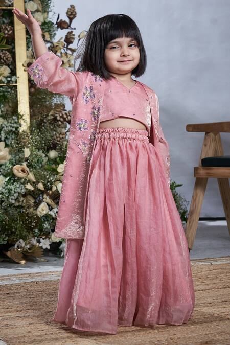 Buy_Vivedkids_Pink Silk, Tissue Sequins, Embroidery Embellished Jacket Lehenga Set _Online_at_Aza_Fashions